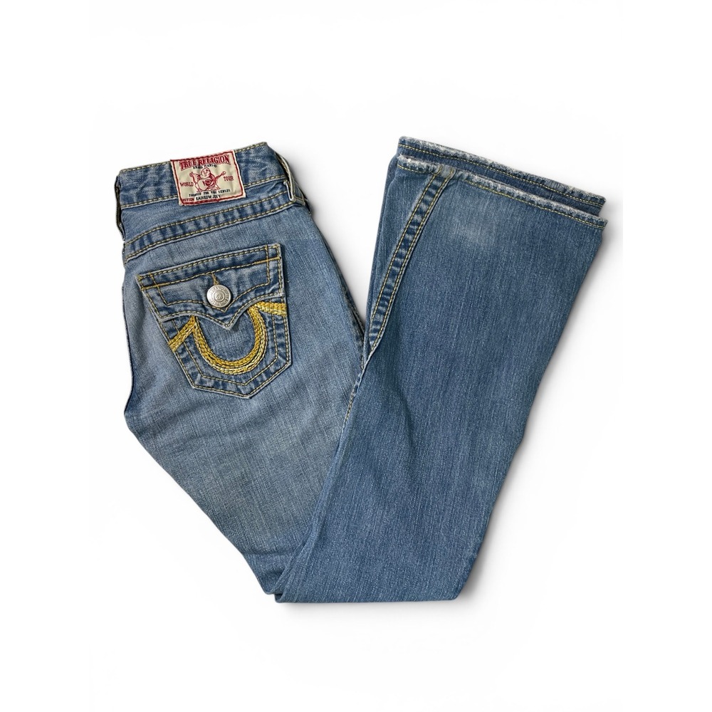 VTG True Religion Joey Flare Jeans 26 Med Blue Distressed Rainbow Big T Low Rise
